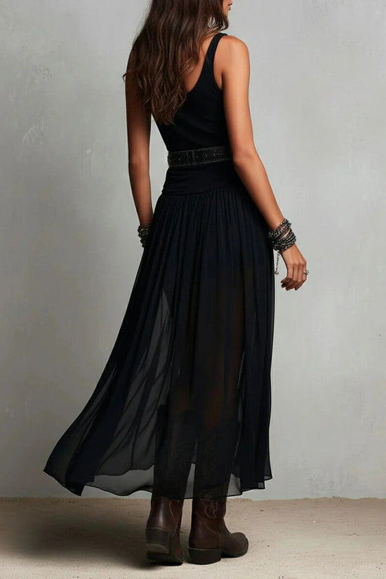 Summer New Black Strap Long Dress for Women, Mesh Dress with Belt 
