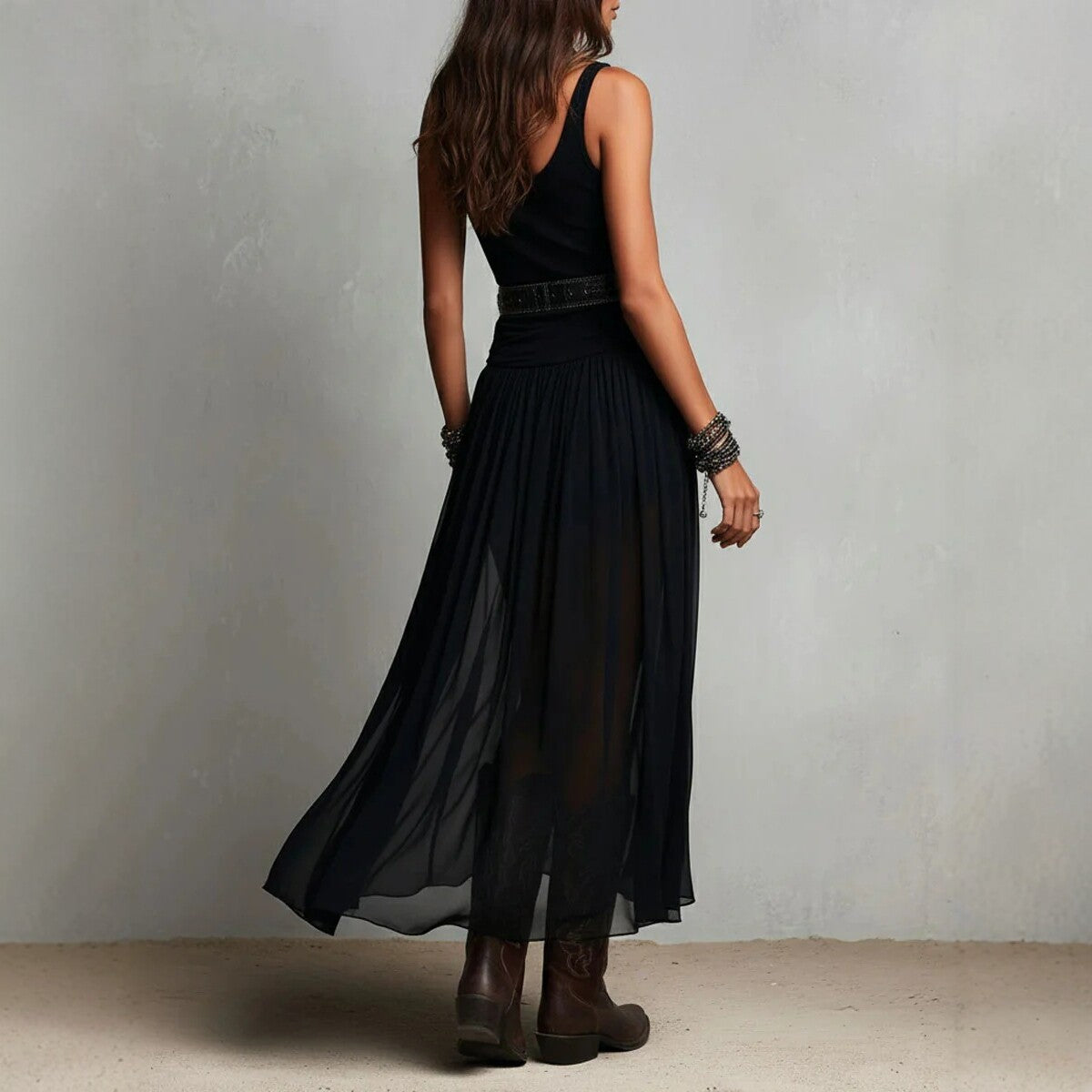 Summer New Black Strap Long Dress for Women, Mesh Dress with Belt 