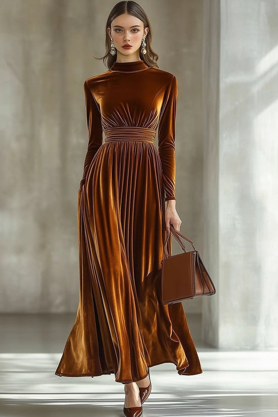 Women's New Autumn/Winter Velvet Long Sleeve Dress, Waist-Cinching Slimming Elegant Maxi Skirt, Graceful Style 
