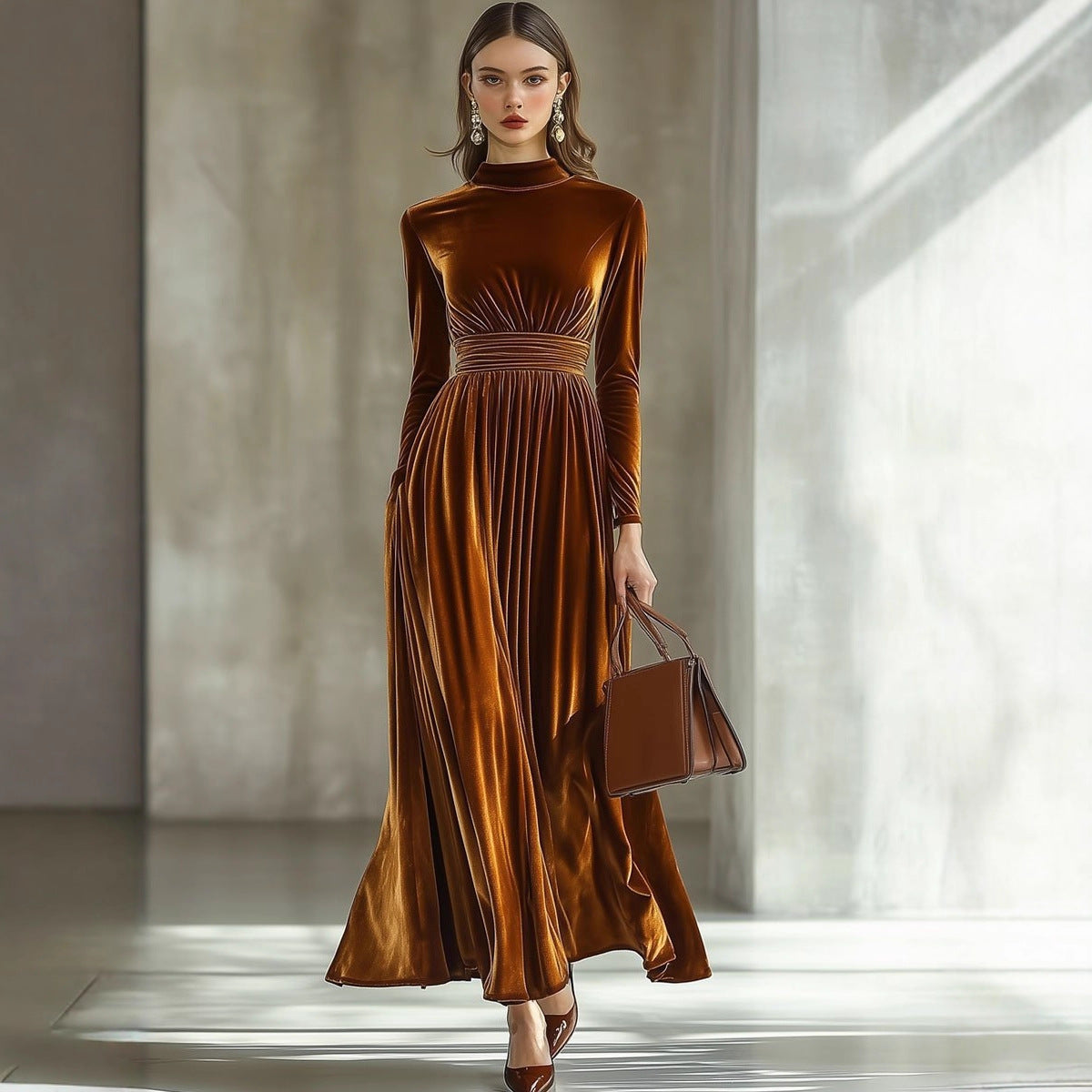 Women's New Autumn/Winter Velvet Long Sleeve Dress, Waist-Cinching Slimming Elegant Maxi Skirt, Graceful Style 