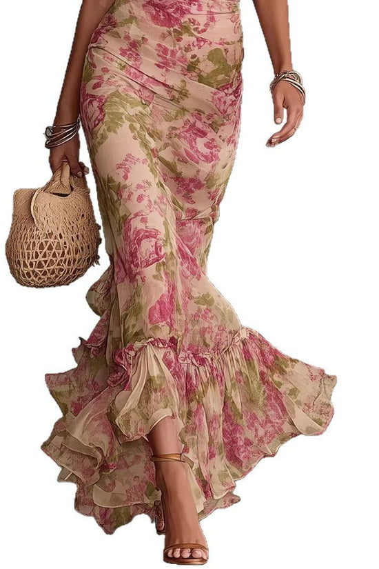 Bubble sleeve printed slim fit long skirt 