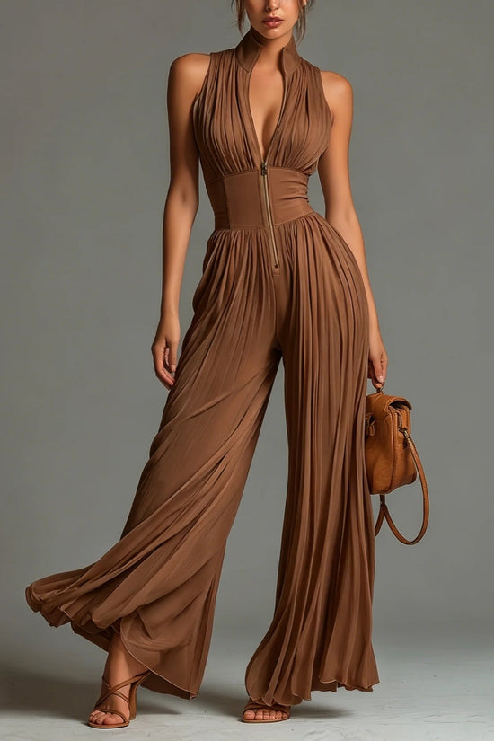 White Pleated Strap Neck Jumpsuit for Women, Long Wide Leg Fashion Sexy Folded Design 