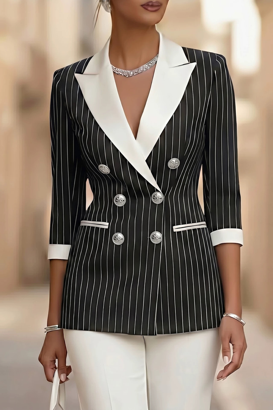Style Black and White Thin Stripe Color-Blocked Notch Lapel Double-Breasted Three-Quarter Sleeve Suit Jacket for Women 