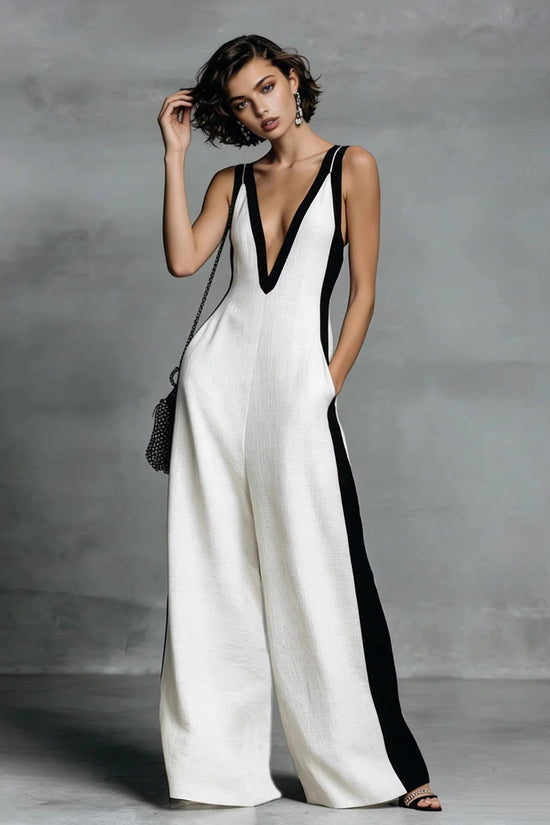 Fashion Color-block Sleeveless V-neck Wide-leg Jumpsuit for Women 