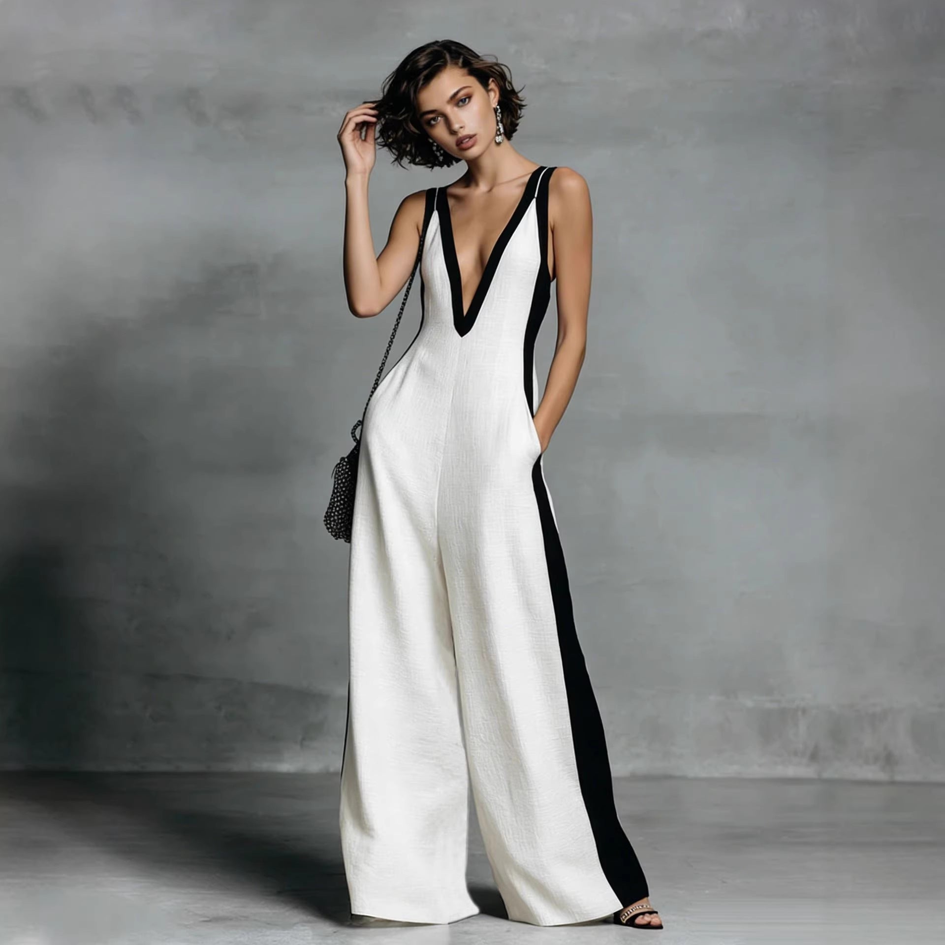 Fashion Color-block Sleeveless V-neck Wide-leg Jumpsuit for Women 