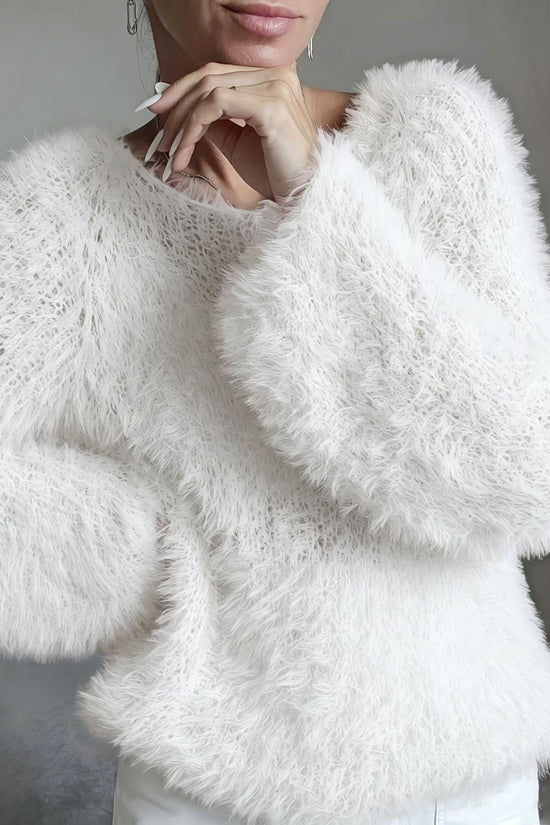 Women's macaron round neck fluffy solid color long sleeved fur top 