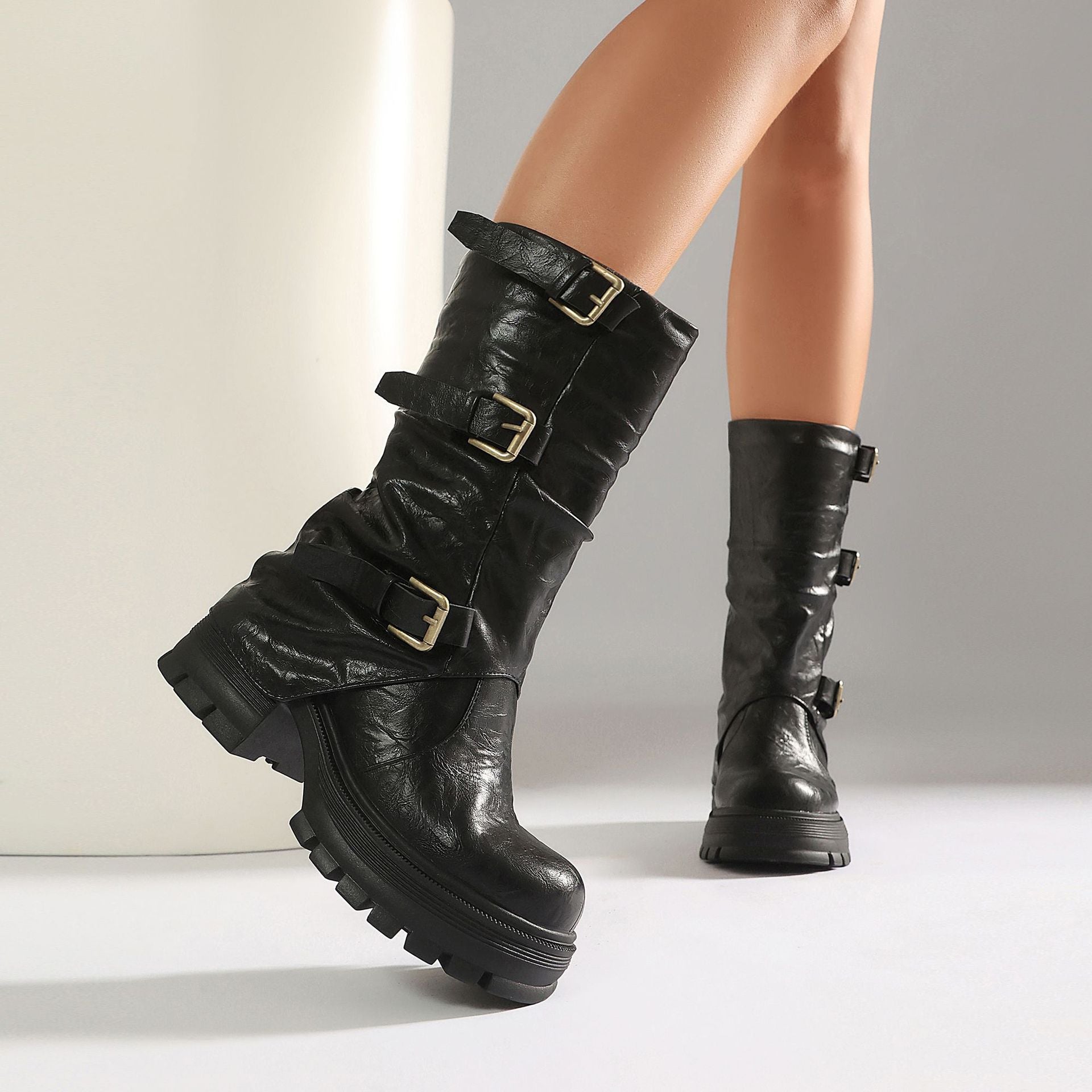 Thick Heel High Heel Women's Short Boots with Belt Buckle Slip-On Tube Boots 