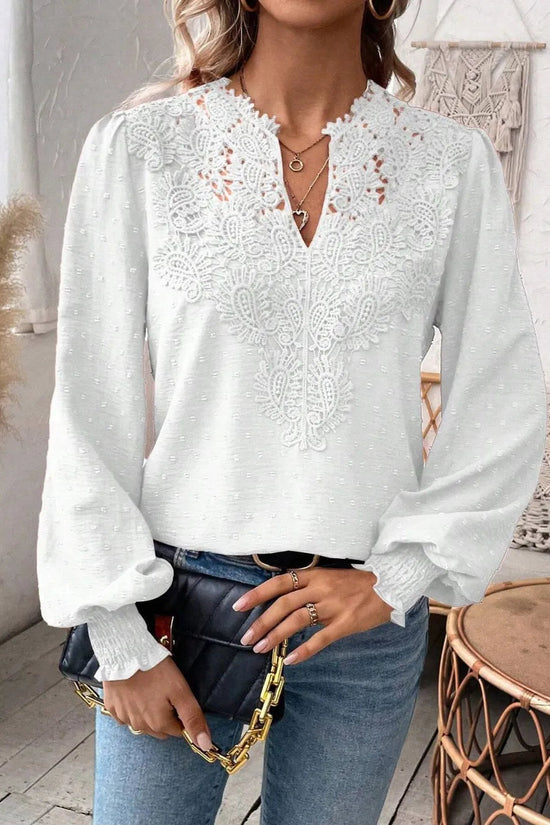Swiss Dot Lace Detail Notched Long Sleeve Blouse 