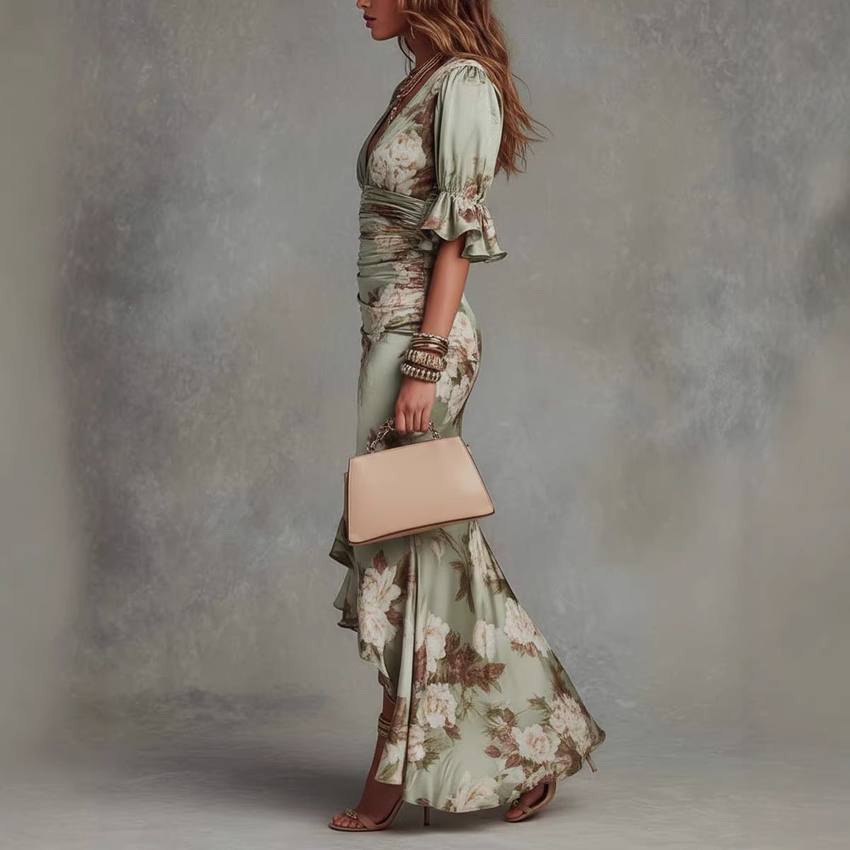 Elegant Long Dress with V-Neck, Fitted Silhouette, Floral Print and Ruffle Hem 