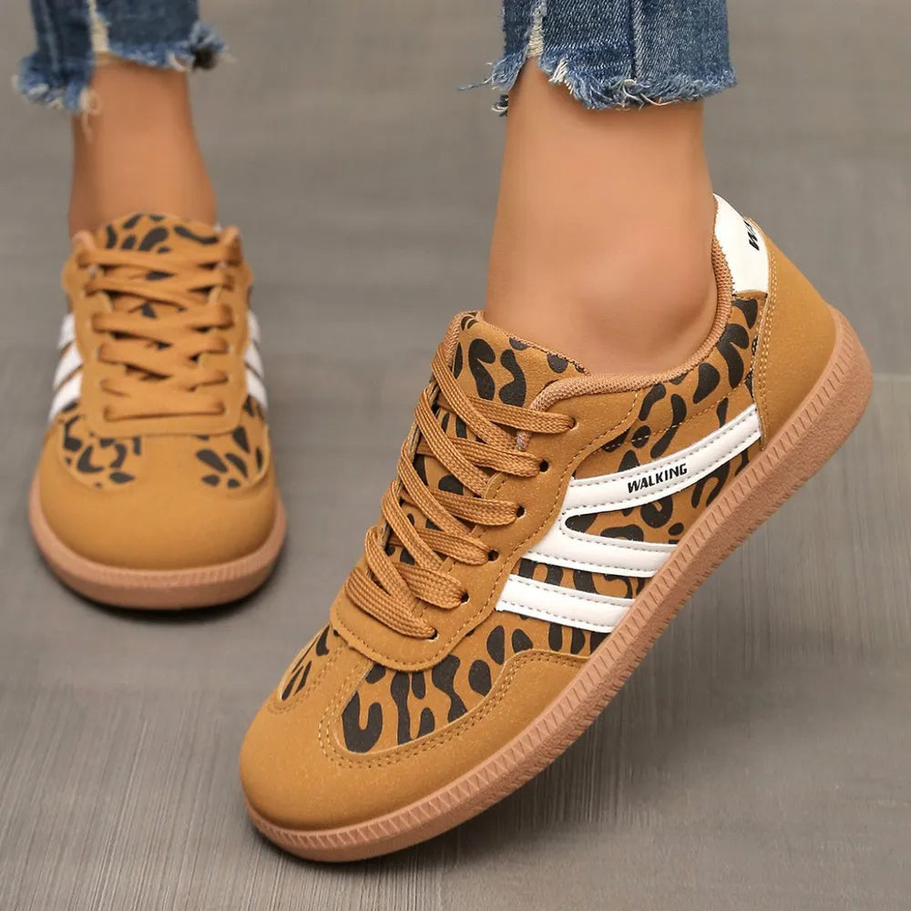 Leopard Round Toe Lace Up Sneakers 