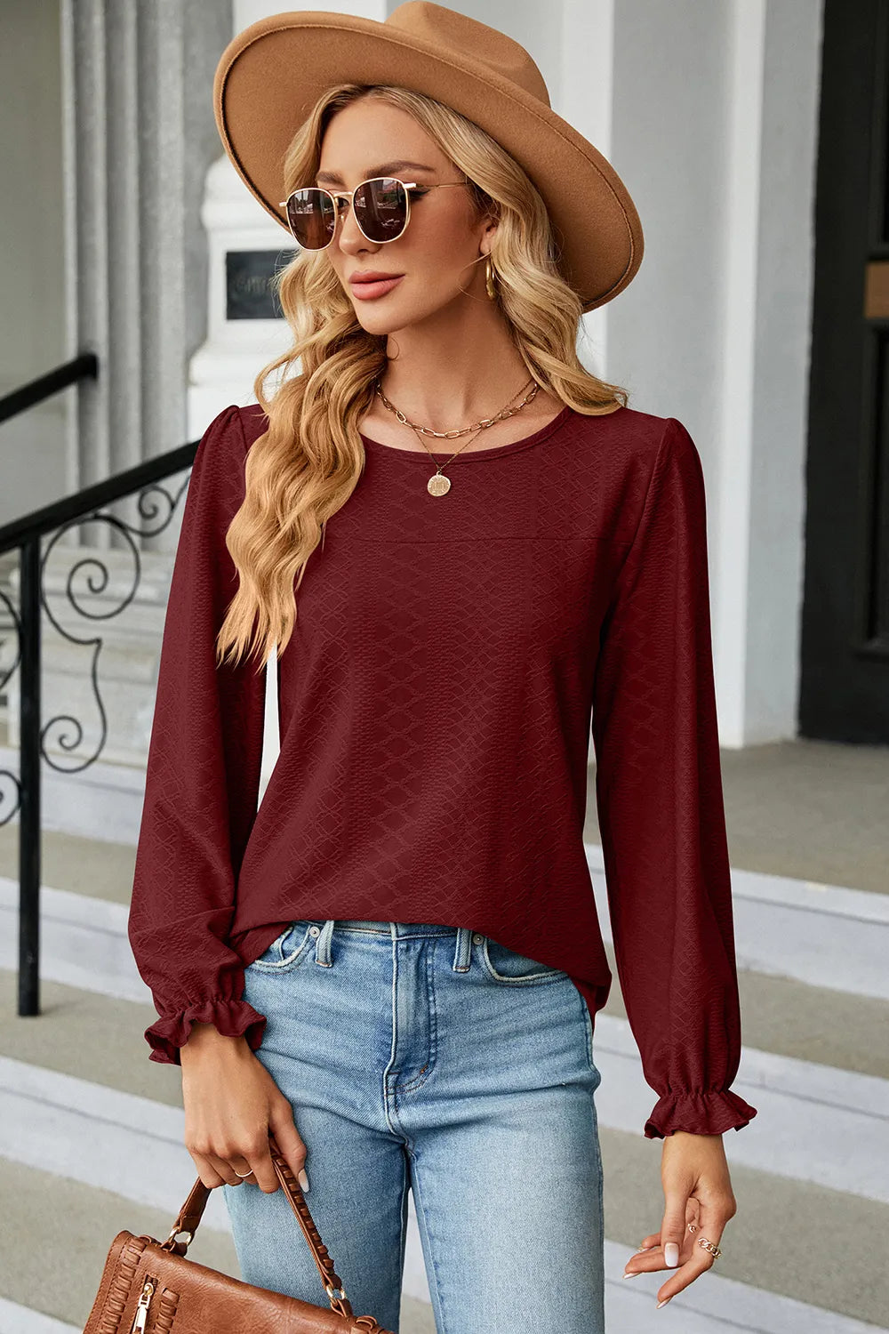 Round Neck Flounce Sleeve T-Shirt eprolo