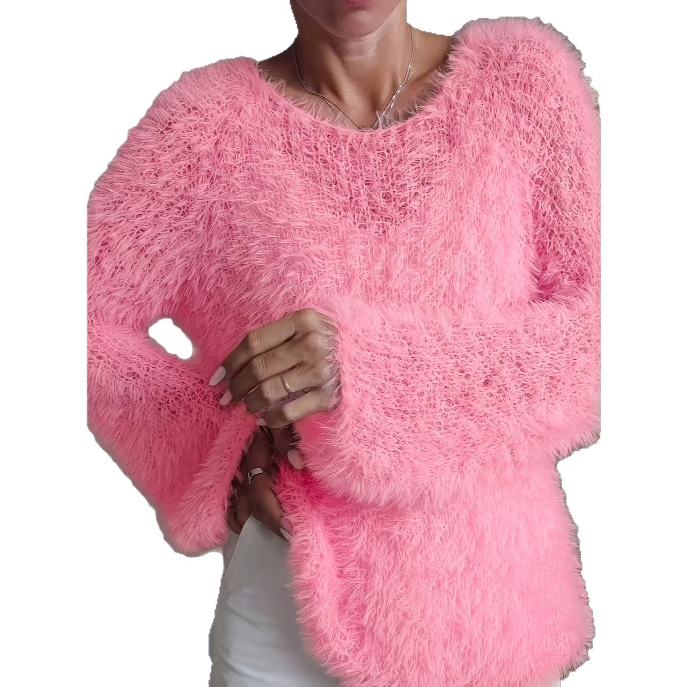 Women's macaron round neck fluffy solid color long sleeved fur top 
