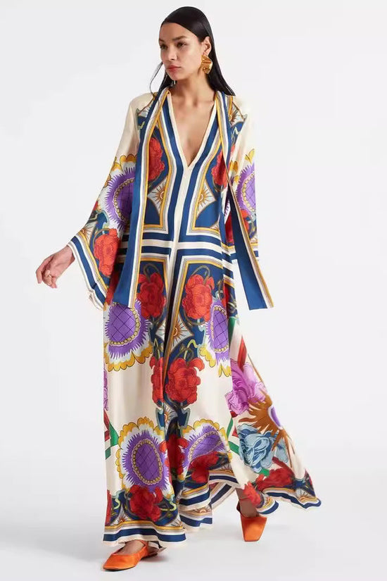 New European and American Summer Printed Seven Sleeve Stand up Collar Dress 