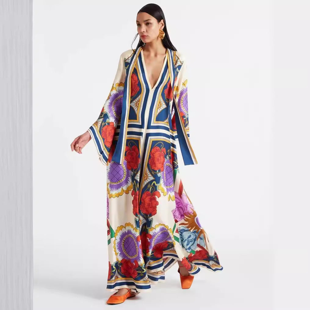 New European and American Summer Printed Seven Sleeve Stand up Collar Dress 