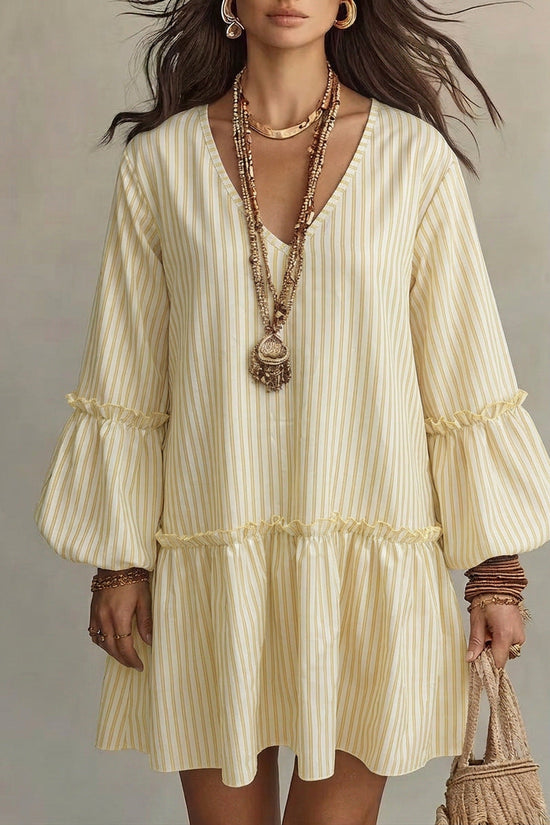 Style Autumn New Women's Long Sleeve Dress Stripe Print V-Neck Lantern Sleeve Loose Mini Dress 