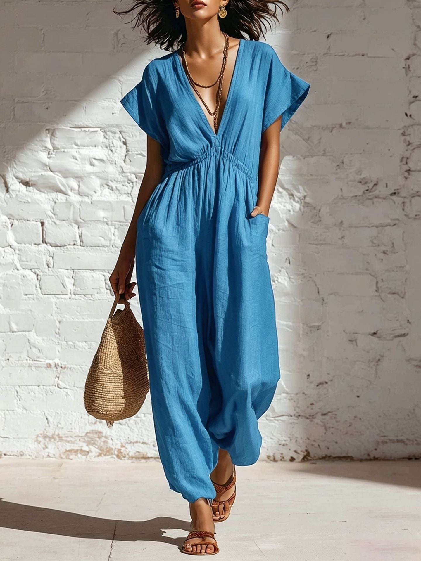 Deep V-neck loose fit pants for women 