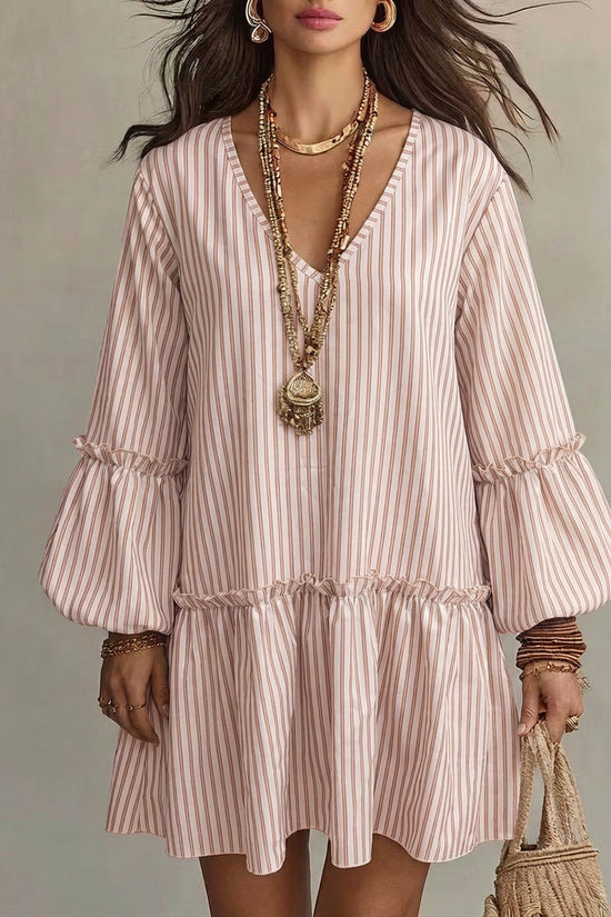 Style Autumn New Women's Long Sleeve Dress Stripe Print V-Neck Lantern Sleeve Loose Mini Dress 