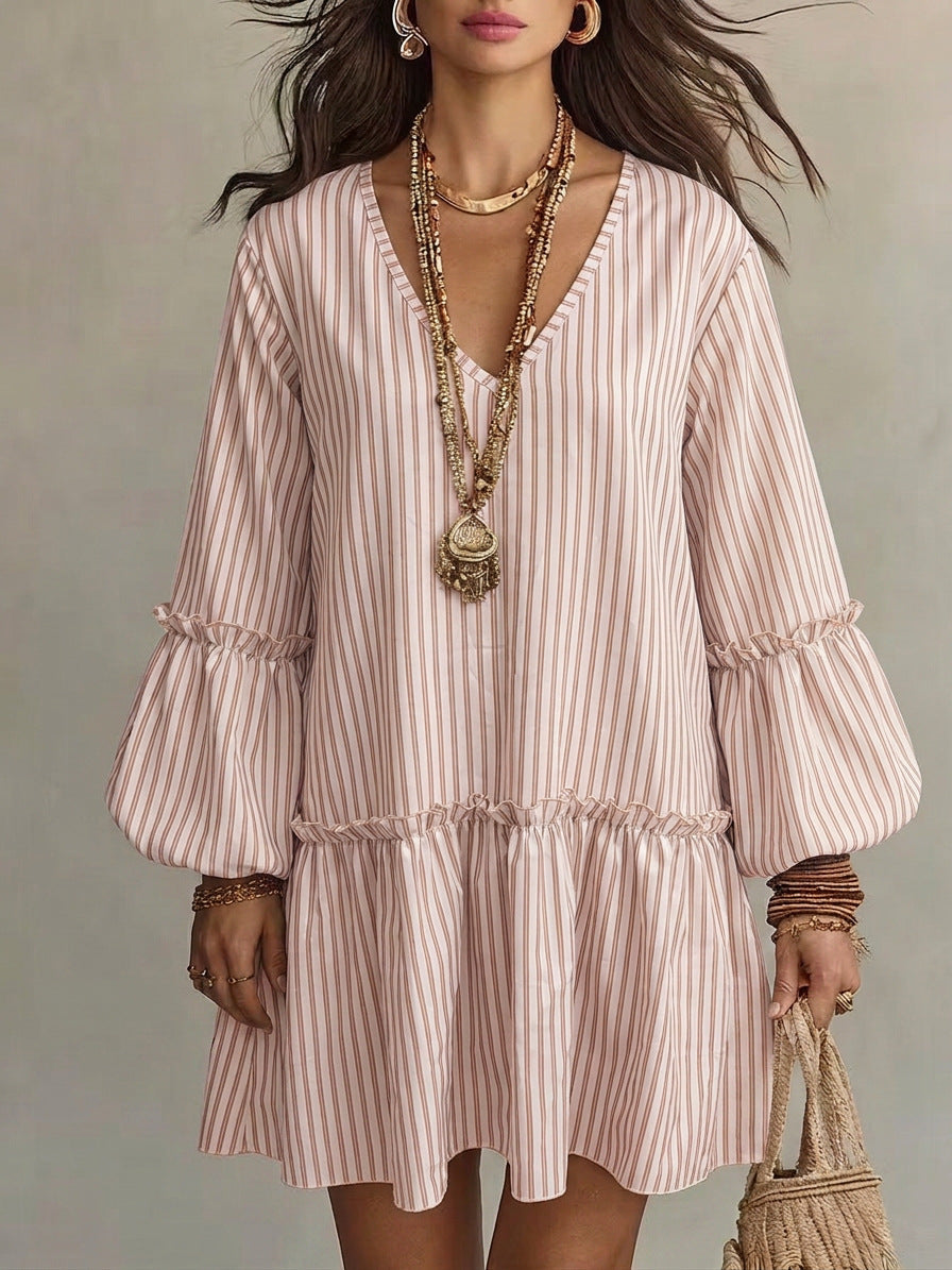 Style Autumn New Women's Long Sleeve Dress Stripe Print V-Neck Lantern Sleeve Loose Mini Dress 