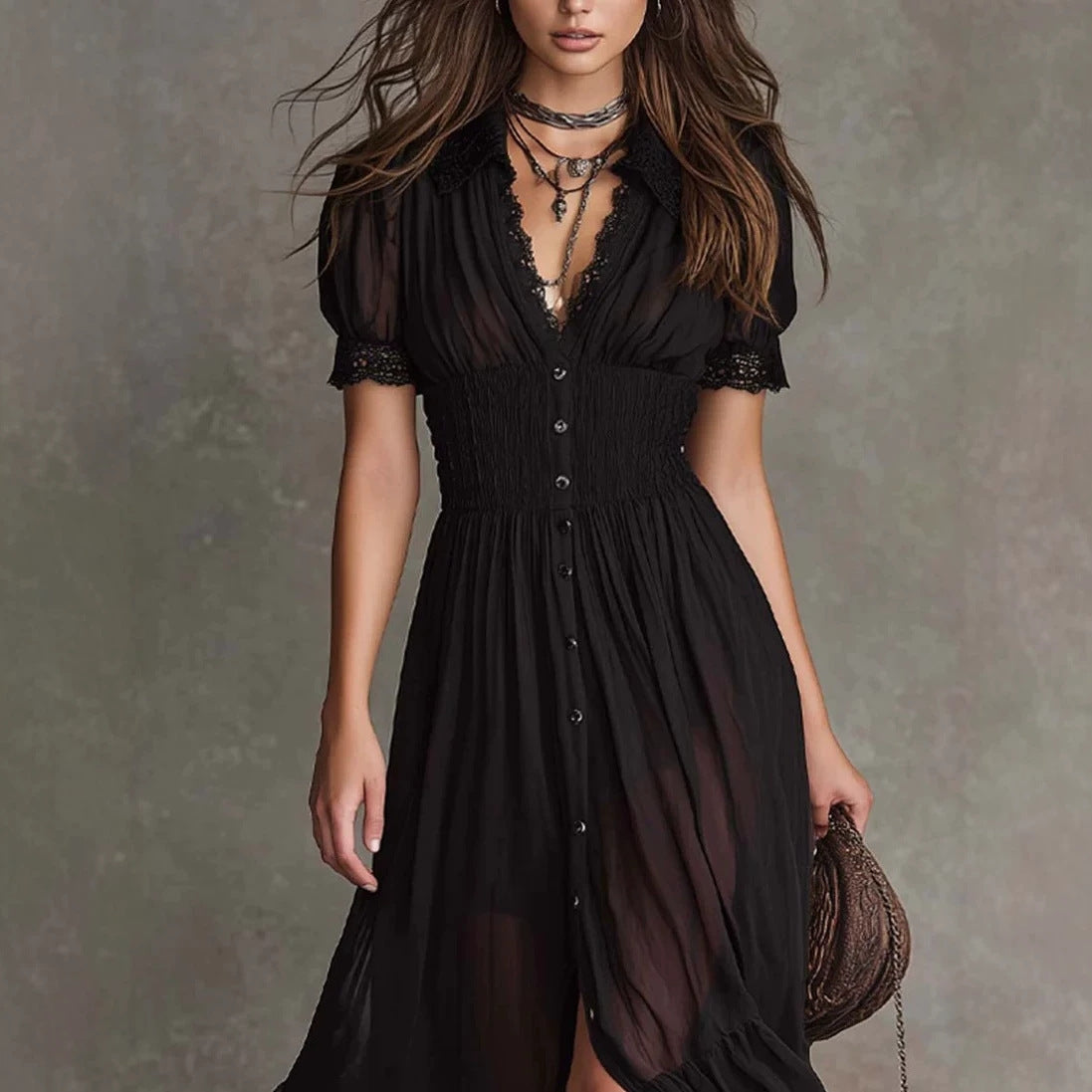 Cropped V-Neck Shirt Dress with Ruffled Hem and Side Slit, Dark Chic Style, Body-Con Fit, Long Skirt 