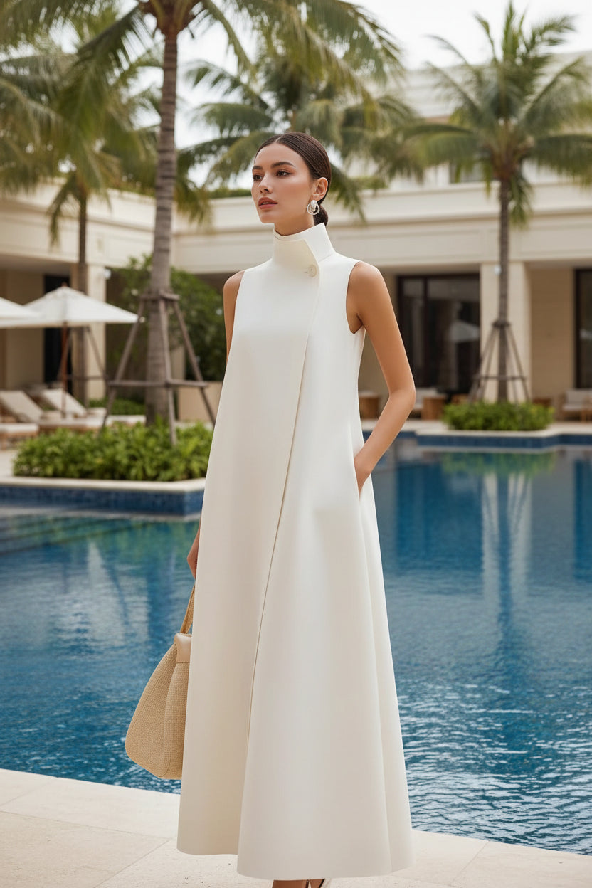 Elegant Sleeveless Long Dress with Stand Collar and Single Button Office Wear, Casual Fashion 