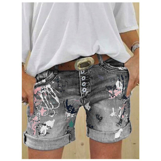 High-Waisted Elastic Printed Women's Denim Shorts with Button Closure, Large Size, Fashionable Design 