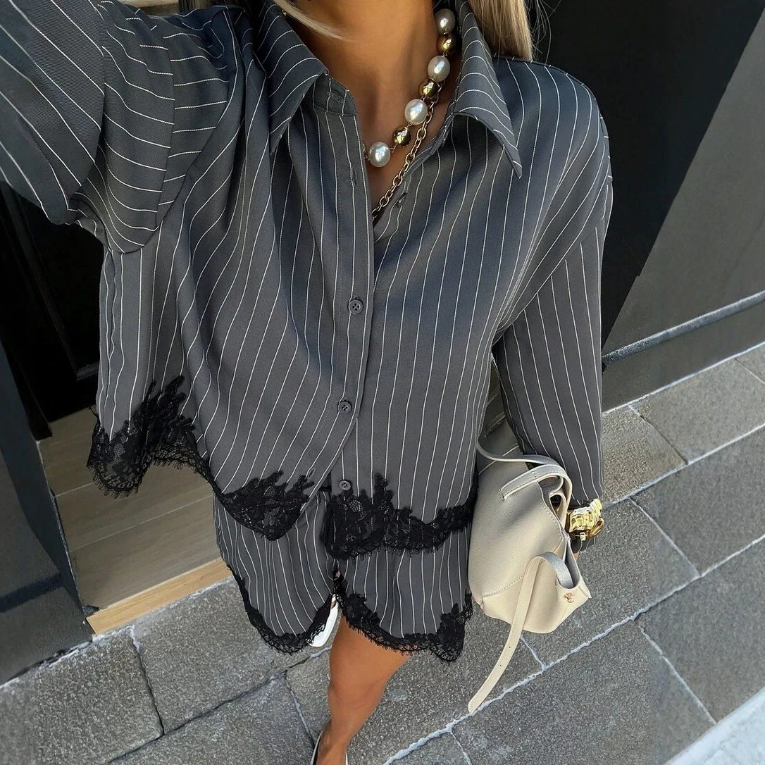 Women's striped shirt drawstring shorts set 