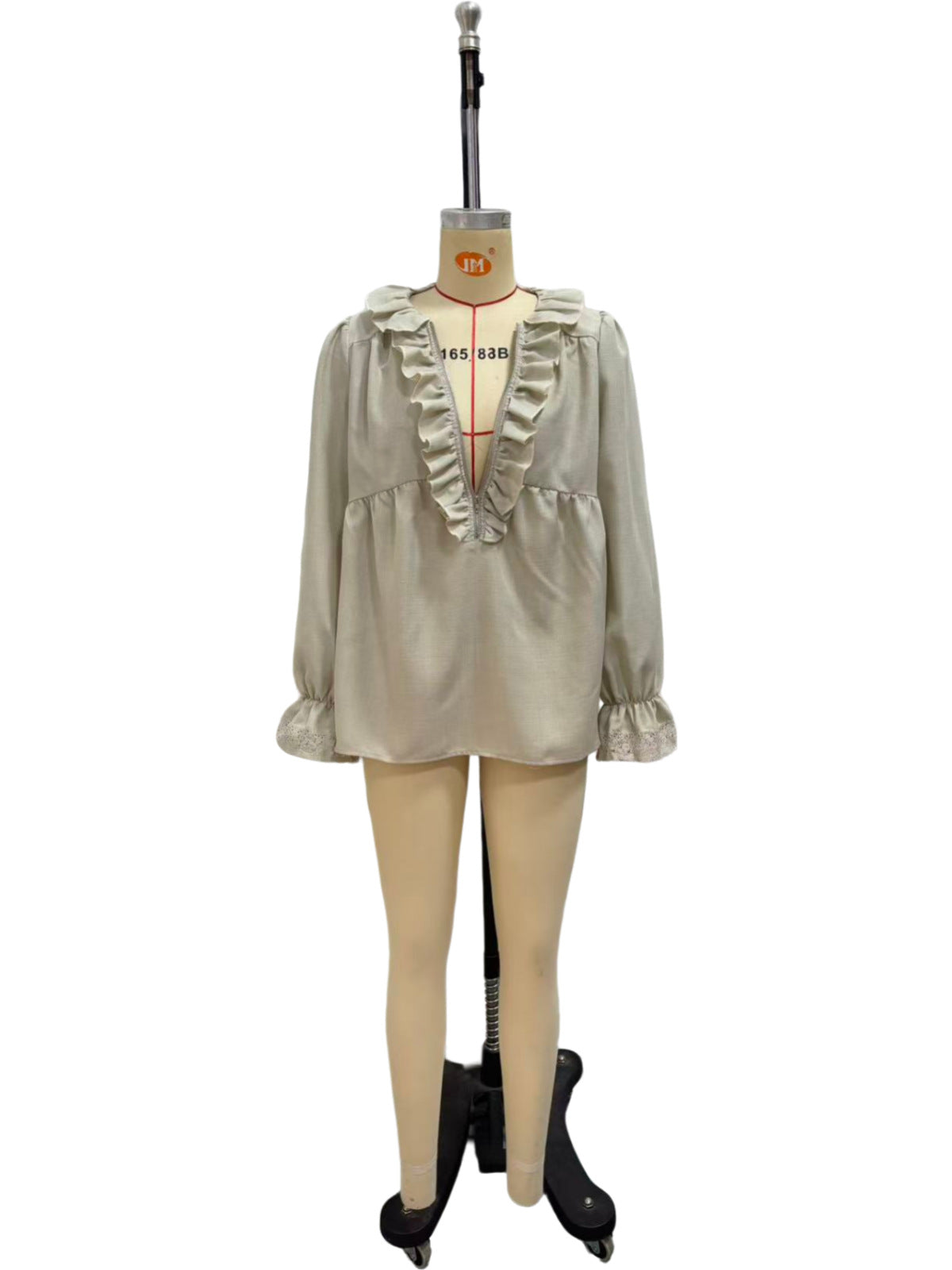 Lotus leaf edge half zipper V-neck lace flared sleeve long sleeved top 