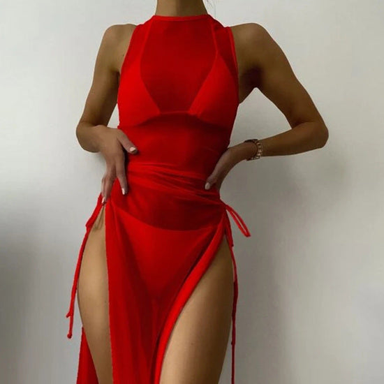 Bikini Swimwear Set, Solid Color Long Dress, Sexy Three-Piece Separated Swimsuit for Women 
