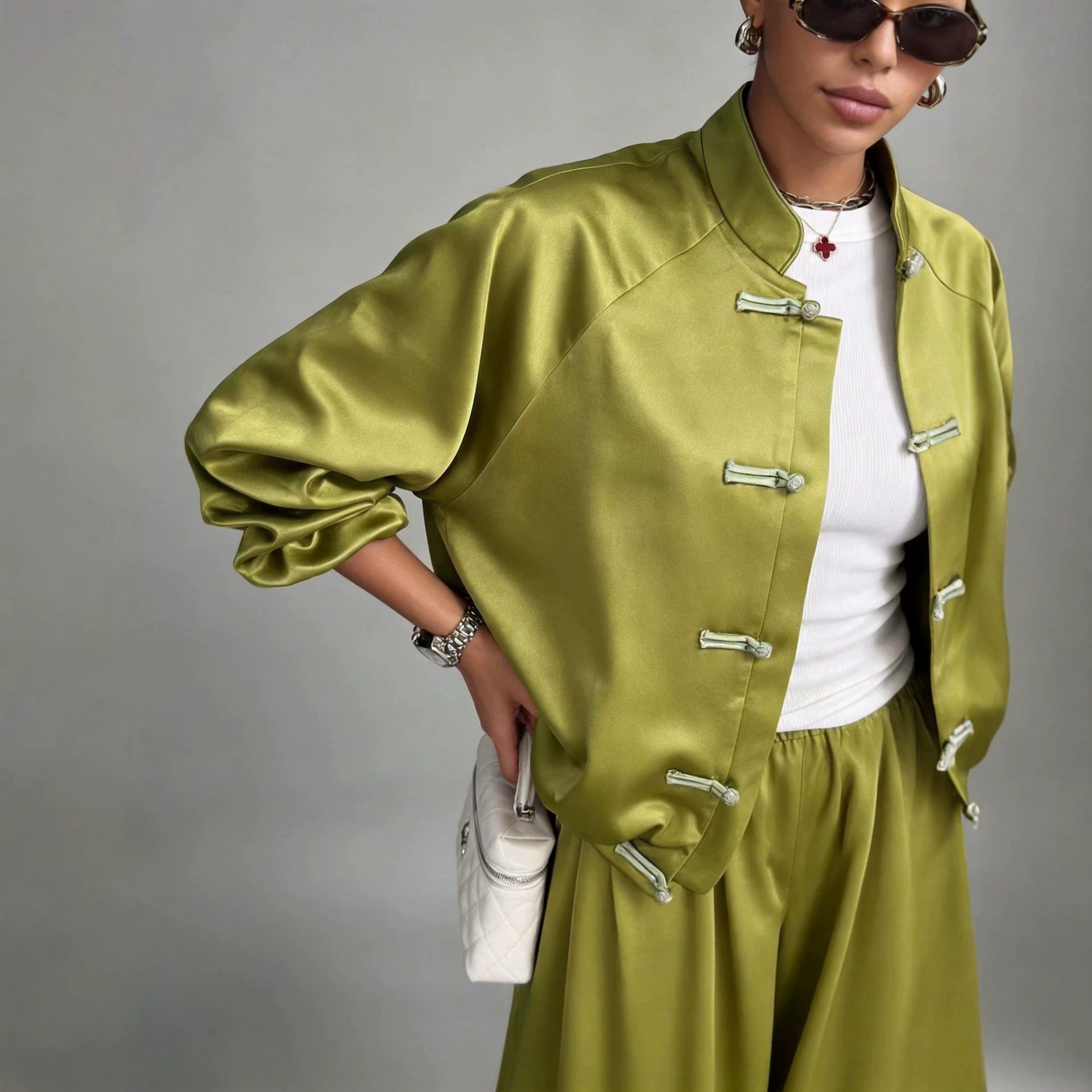Satin set with hanging wide leg pants and drawstring two-piece set 
