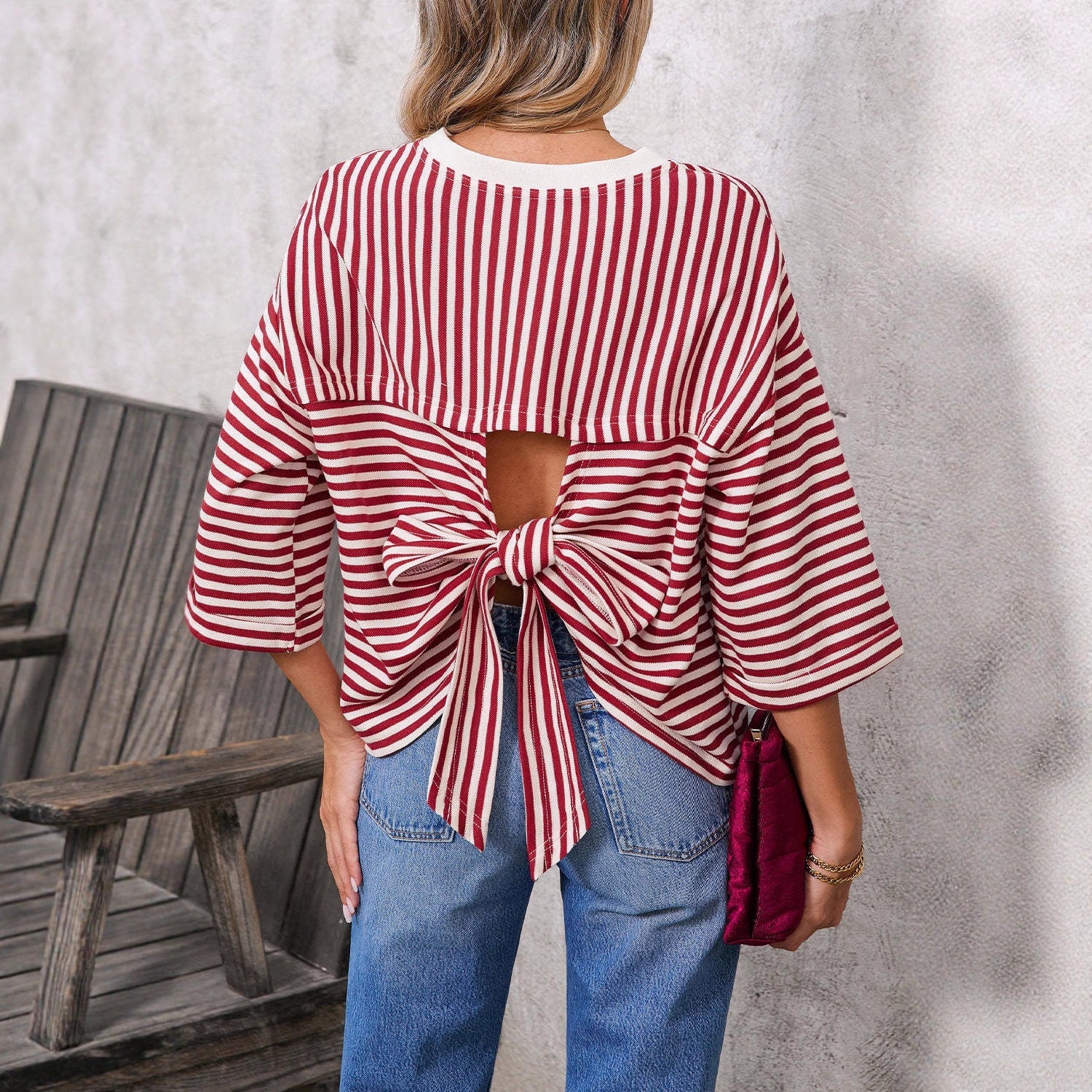 Round neck striped back tie bow pullover top 