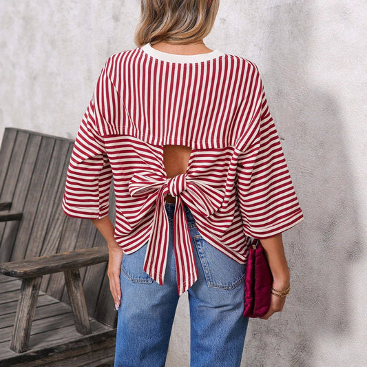 Round neck striped back tie bow pullover top 
