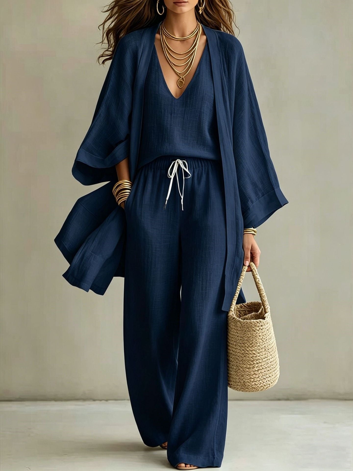 Loose cardigan sleeveless vest long pants three piece set for women