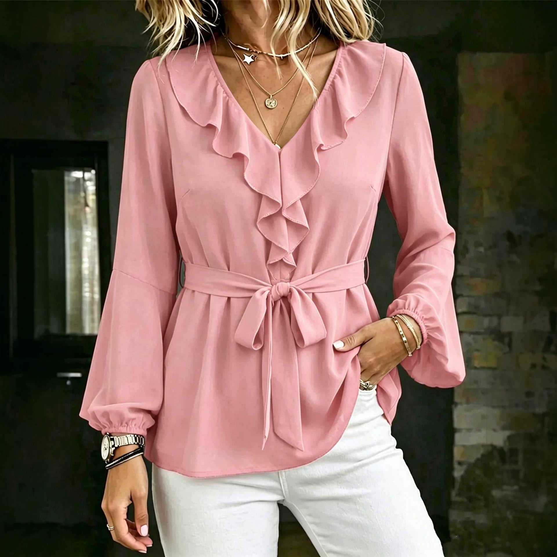 Elegant Women's V-Neck Ruffle Blouse with Tie Waist, Lantern Sleeves Long Sleeve Top 