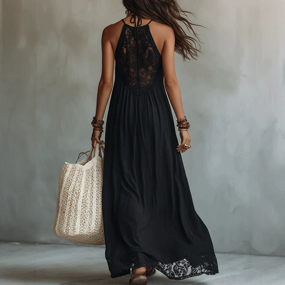 Style Black Lace Trim Sleeveless Long Dress Loose Vacation Style Maxi Dress Lace Dress 