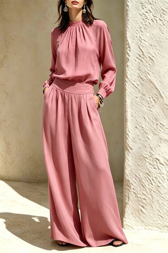 Casual Solid Color Long Sleeve Stand-up Collar Loose Fit Women's Fashion Set BlouseWide-leg Pants 