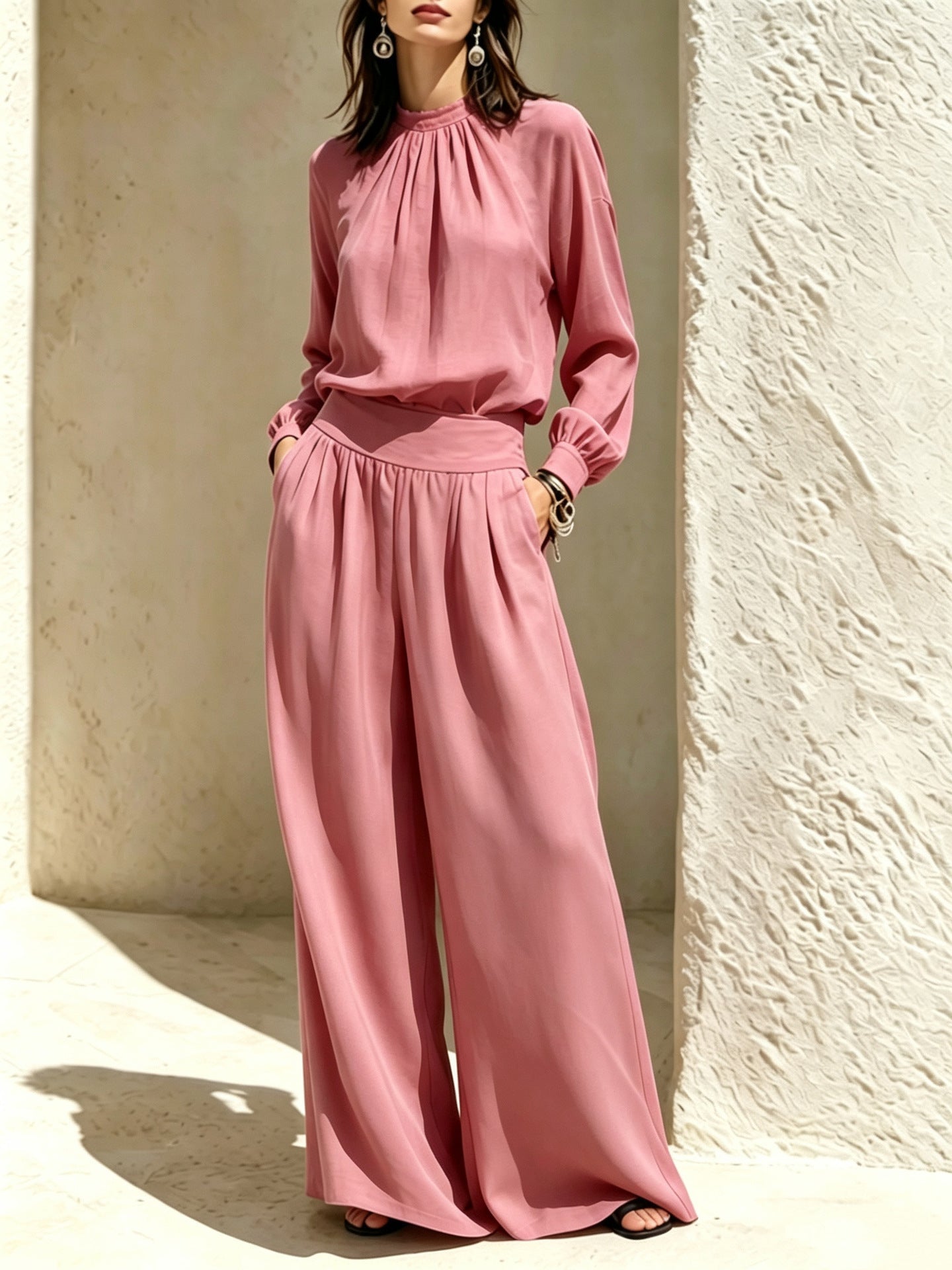 Casual Solid Color Long Sleeve Stand-up Collar Loose Fit Women's Fashion Set BlouseWide-leg Pants 