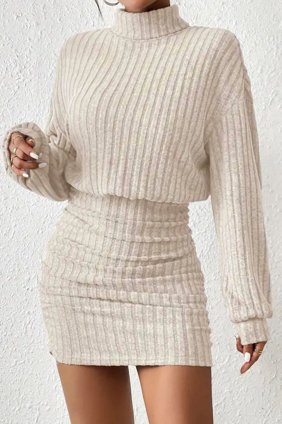 Hip hugging long sleeved high neck striped knitted sexy dress