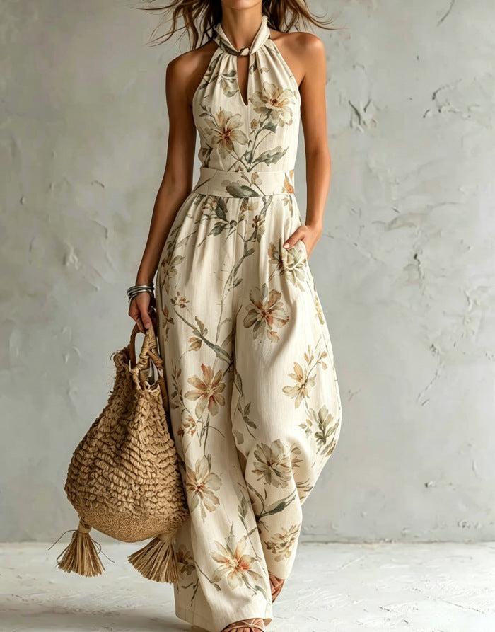 New halter backless jumpsuit, blue and white tie-dye wide-leg pants, summer beach women's wear 