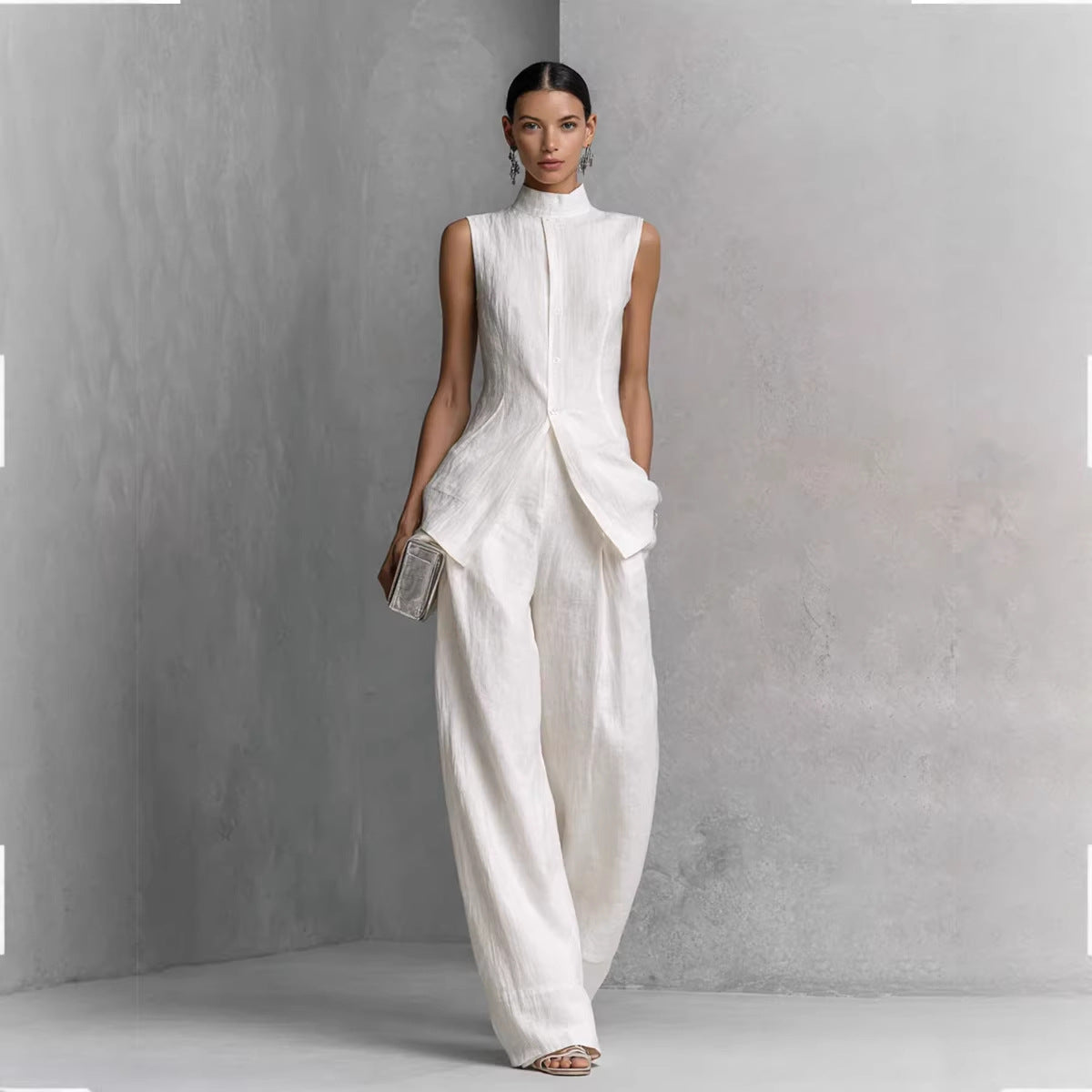 Solid color sleeveless pants set 