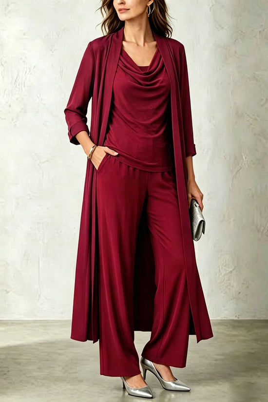 Long sleeved swing collar top long cardigan jacket long pants three piece set 