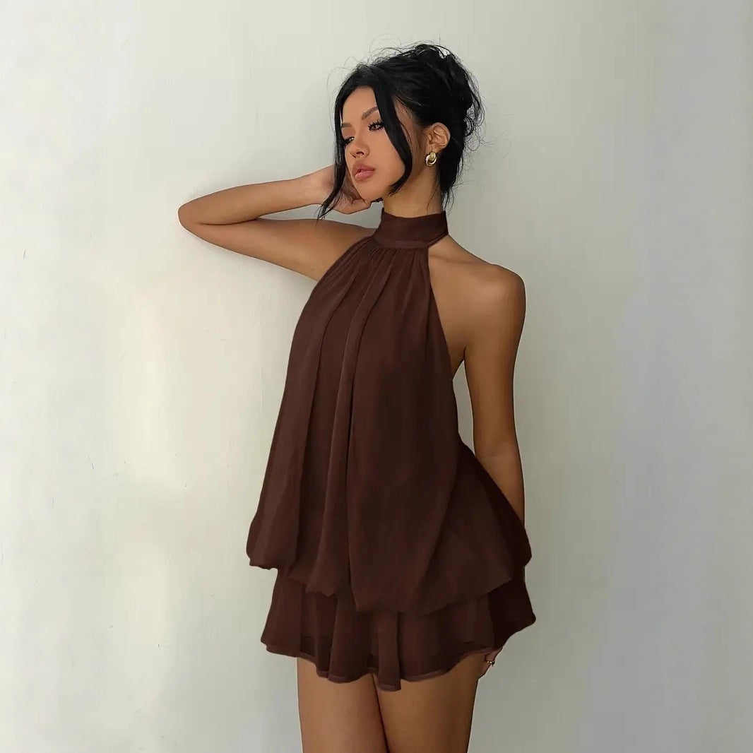 Women's vacation fitted sexy backless halter neck tie-waist dress with puffy short skirt 