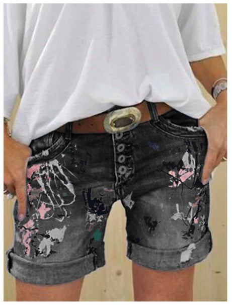 High-Waisted Elastic Printed Women's Denim Shorts with Button Closure, Large Size, Fashionable Design 
