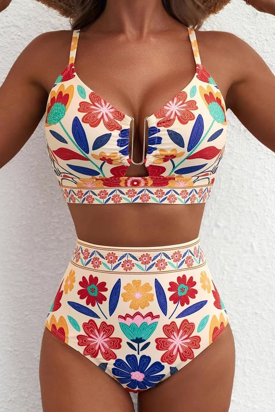 Floral Print High-Waisted U-Line Bikini Set Swimwear for Women 
