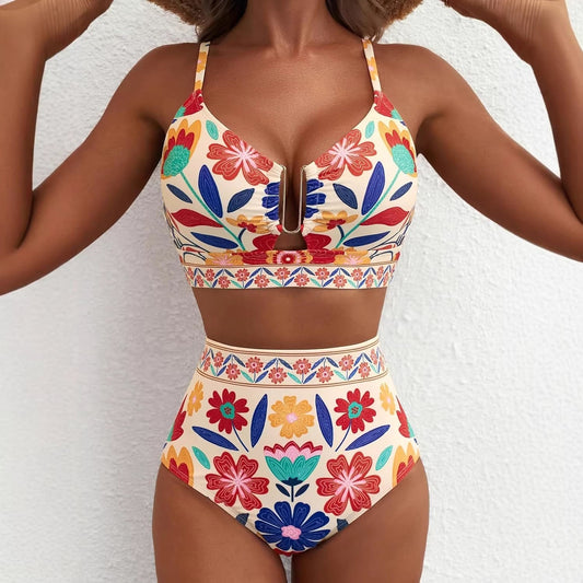 Floral Print High-Waisted U-Line Bikini Set Swimwear for Women 