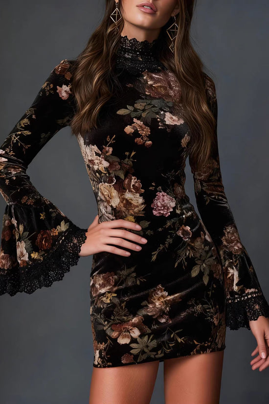 Vintage fashionable floral print lace spliced flared sleeve fitted short dress 