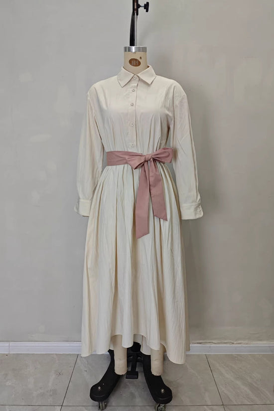 Long sleeved shirt collar solid color long skirt dress 