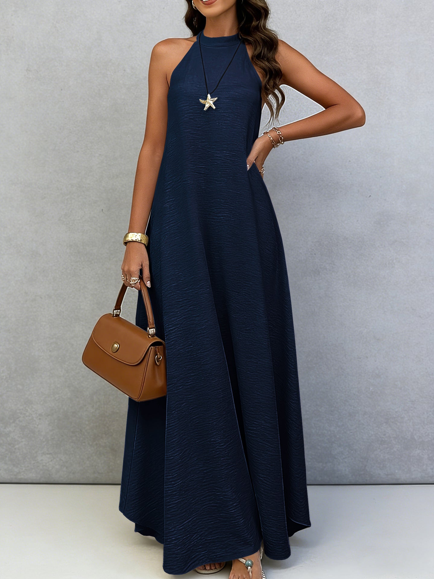 Women Summer Ice Silk Wrinkle Loose Plus Size Sleeveless Solid Color Swing Long Maxi Dress Vacation Style 