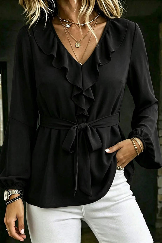Elegant Women's V-Neck Ruffle Blouse with Tie Waist, Lantern Sleeves Long Sleeve Top 