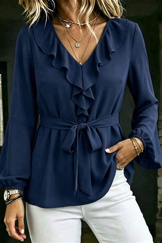 Elegant Women's V-Neck Ruffle Blouse with Tie Waist, Lantern Sleeves Long Sleeve Top 