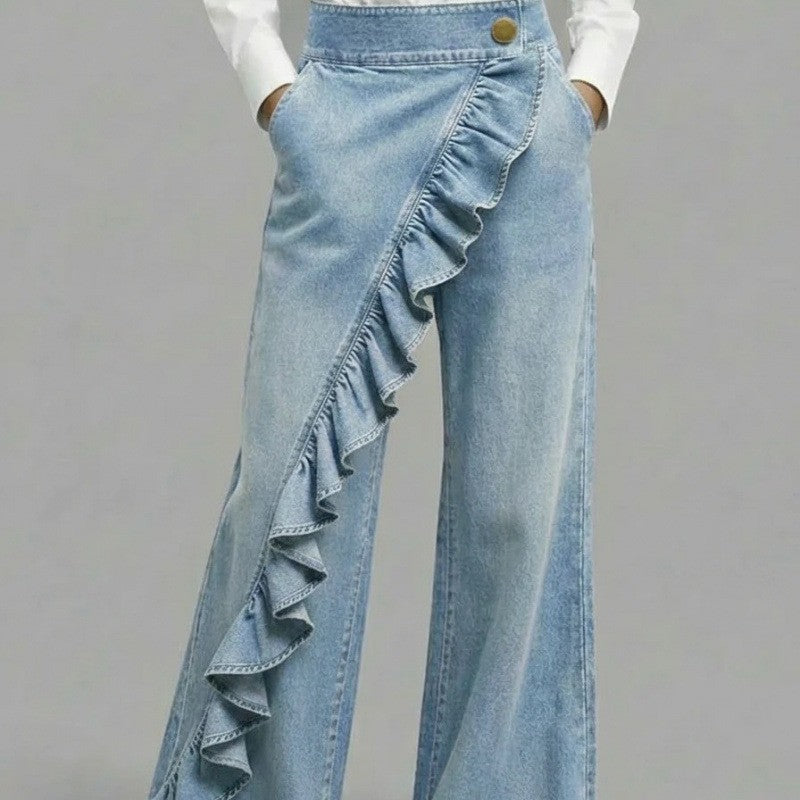 Vintage Irregular Mid-Waist Genuine Denim Pants for WomenSpring and Summer Fashion 